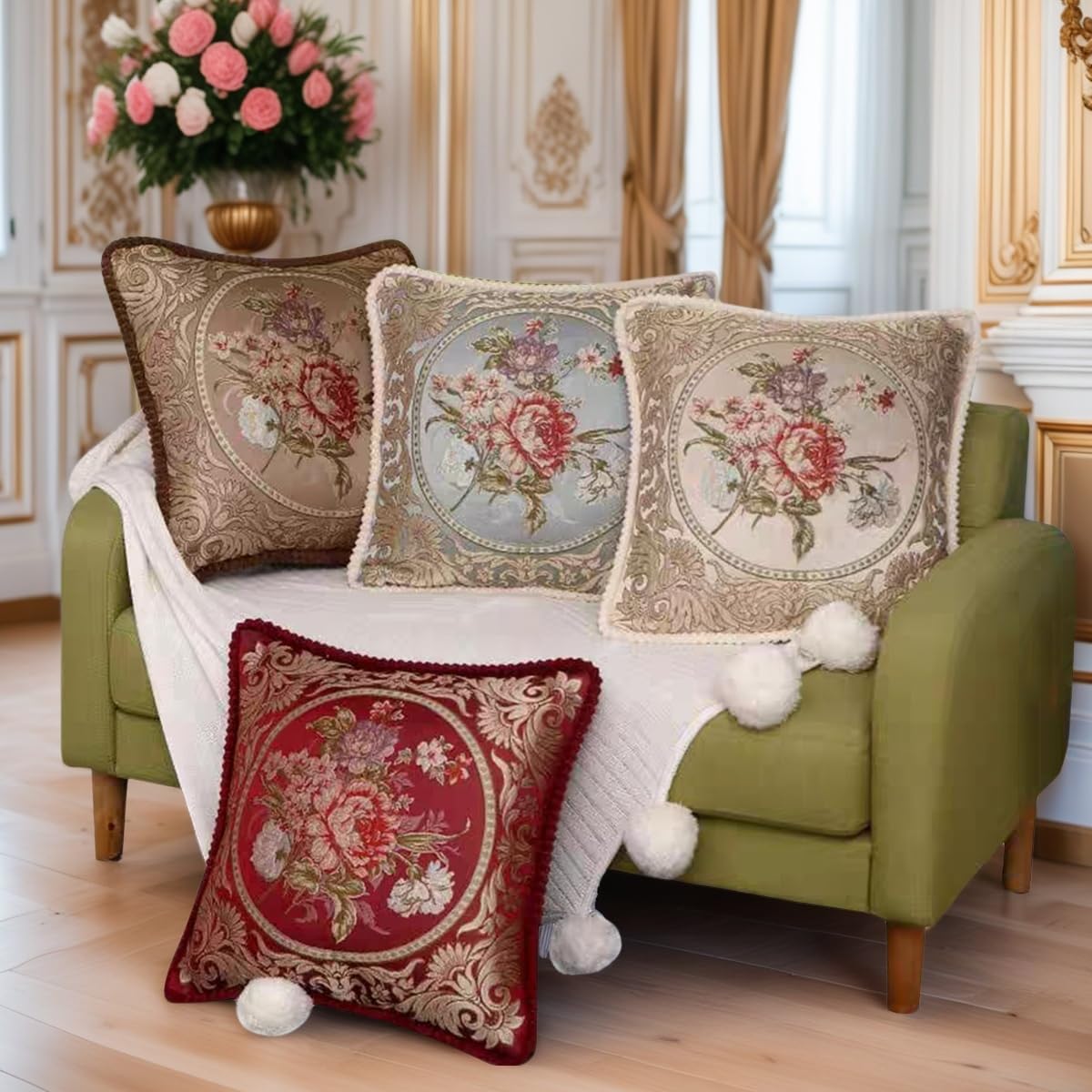 vintage floor cushion　トロピカルピンク Amazon.com: Qupace Set of 2 Vintage Embroidered Throw Pillow
